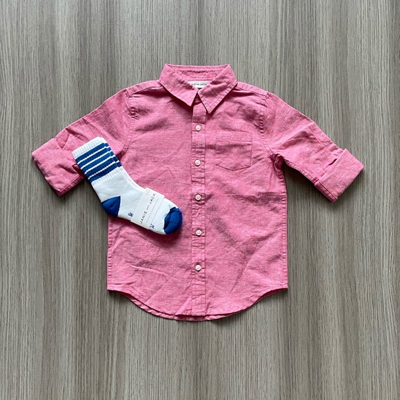 NWT Janie and Jack Boys Linen Button Up Roll-Cuff Shirt & Striped Socks Red 4 - Picture 1 of 12